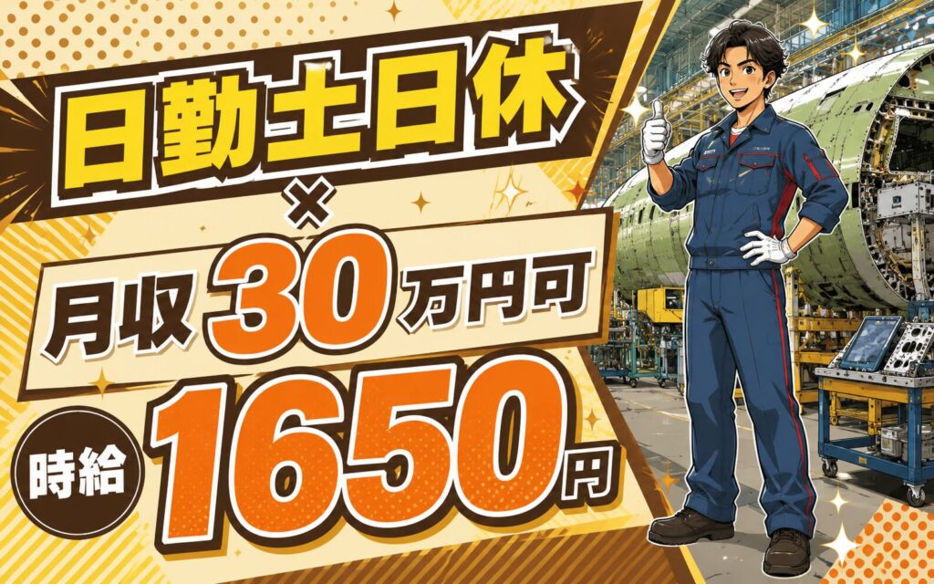 日勤土日休×月収30万円可×時給1650円！航空機の組立・部品製造・検査／愛知弥富・男性活躍