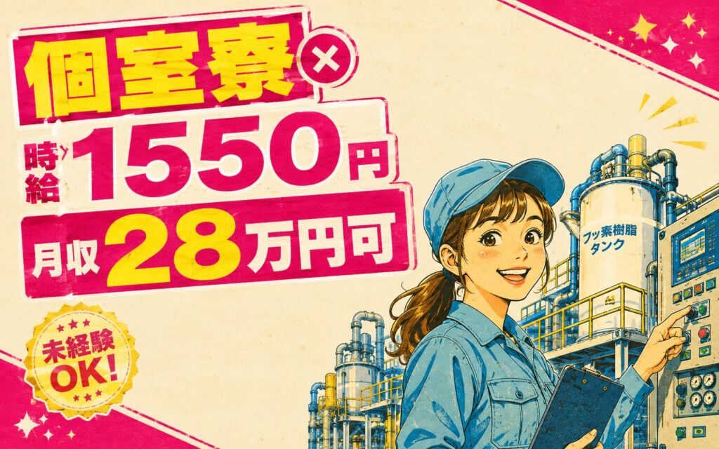 個室寮×時給1550円×3交替！フッ素樹脂の製造・プラント監視／月収28万円可・茨城神栖・男女活躍