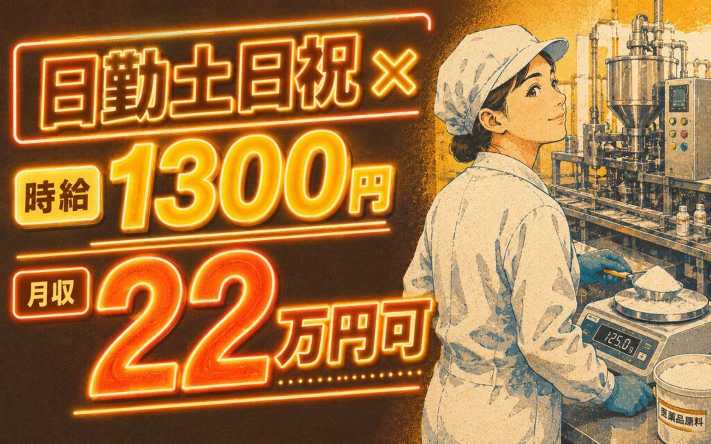 時給1300円×日勤土日祝！医薬品の秤量・製造／月収22万円可・茨城つくば・男女活躍