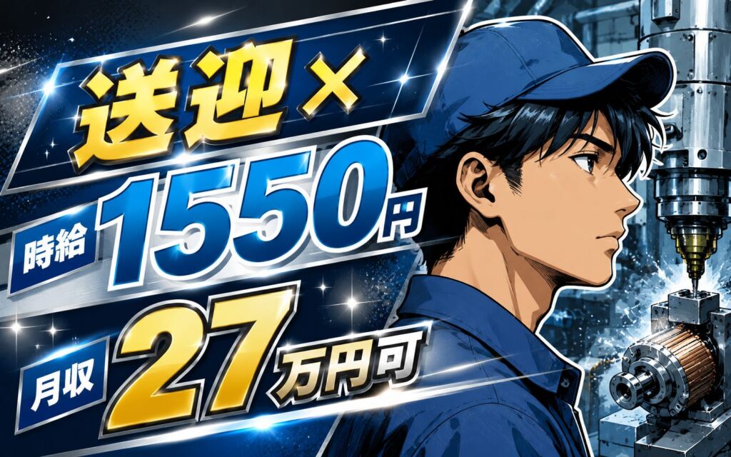送迎×時給1550円×3交替！自動車・医療用モーター部品の加工／月収27万円可・茨城土浦・男性活躍
