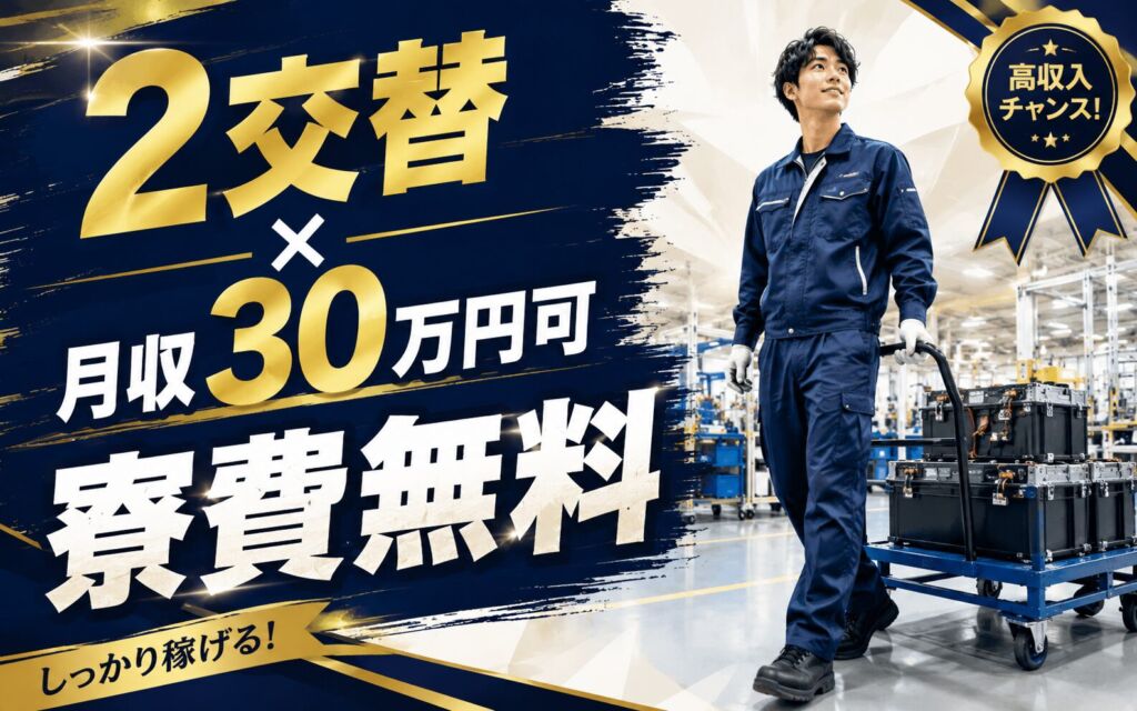 2交替×月収30万円可×寮費無料！バッテリーの組立・検査・運搬／三重名張・男性活躍
