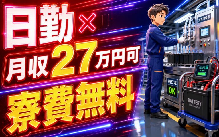 日勤×月収27万円可×寮費無料！バッテリー液充填・充電・検査／三重名張・男性活躍