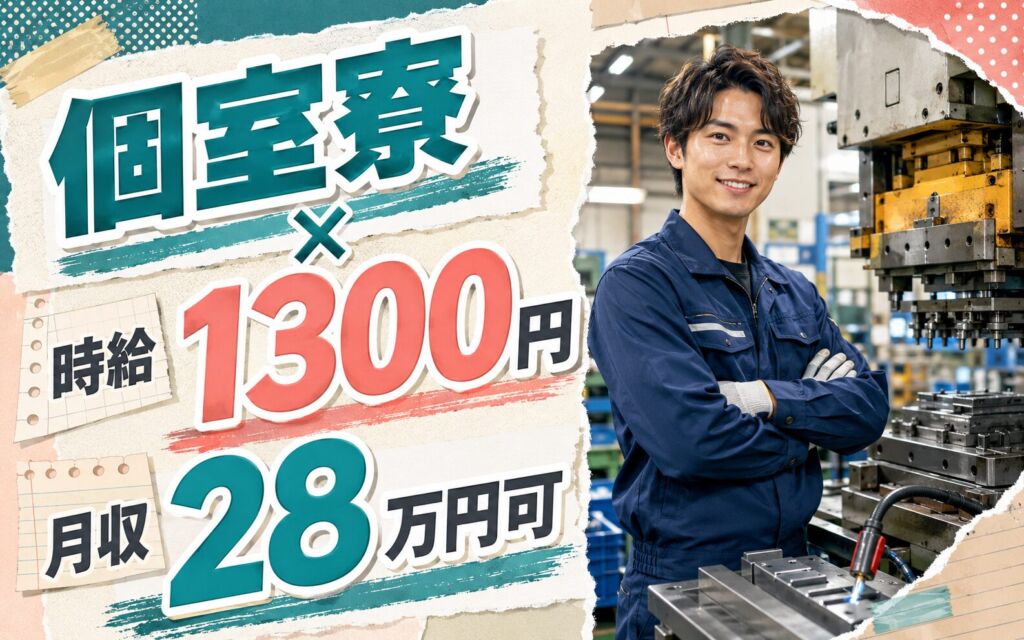 個室寮×時給1300円×2交替！金属部品のプレス曲げ・溶接／月収28万円可・三重桑名・男性活躍