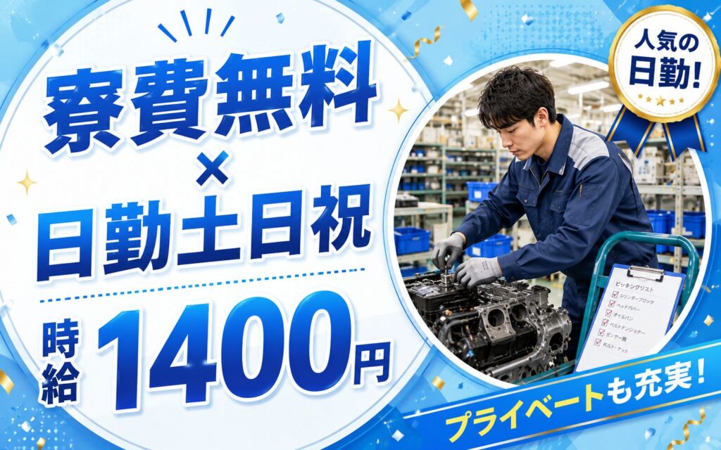 個室寮×送迎×時給1400円×日勤土日祝！エンジン組付・運搬・ピッキング／月収27万円可・滋賀守山・男性