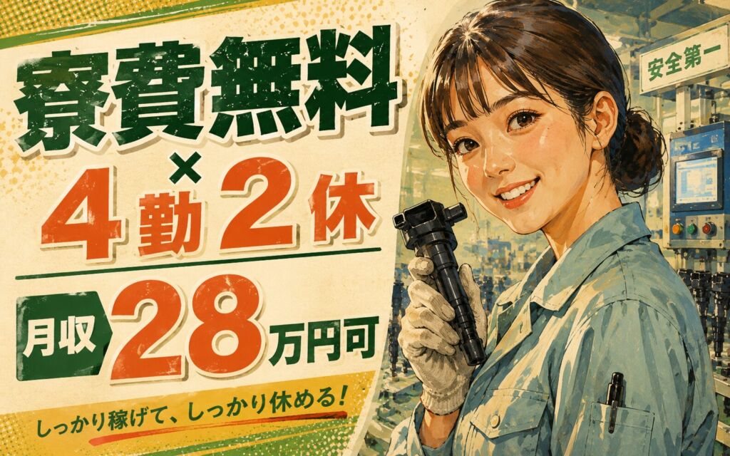 個室寮無料×時給1400円×2交替4勤2休！イグニッションコイルの製造／月収28万円可・兵庫三田・男女活躍