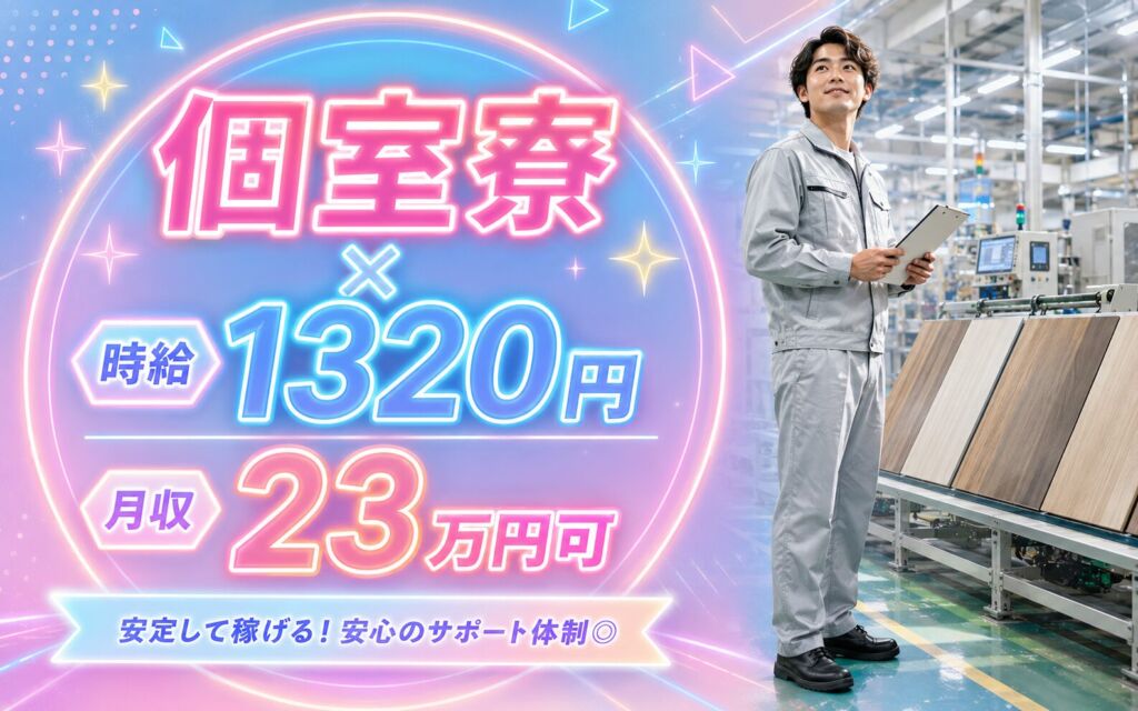 個室寮×時給1320円×3交替！床材の製造・検査／月収23万円可・兵庫姫路・男性活躍