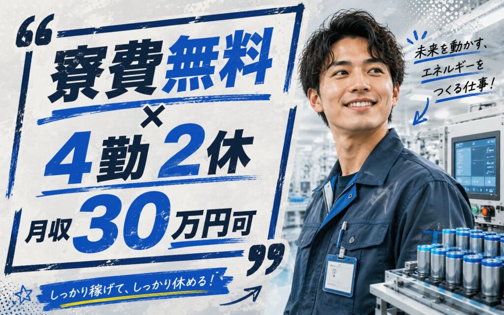 個室寮無料×時給1400円×2交替4勤2休！リチウム電池の前工程・後工程／月収30万円可・兵庫姫路・男性活躍
