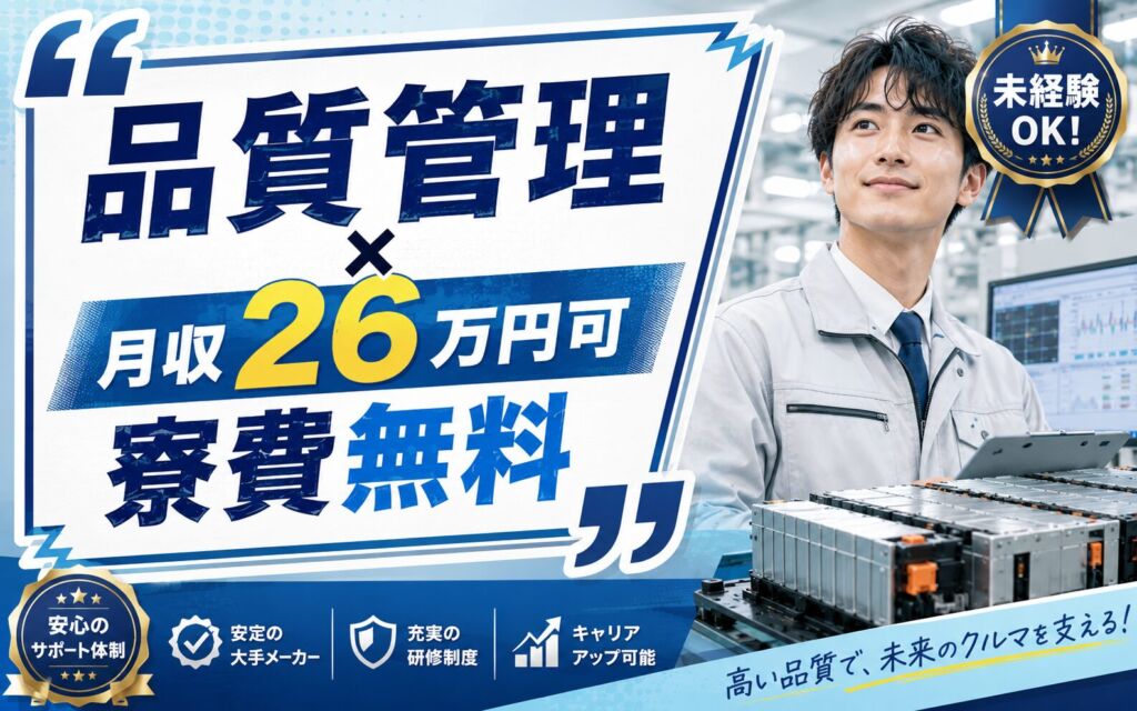 品質管理×月収26万円可×寮費無料！車載用リチウムイオン電池／徳島板野・男性活躍