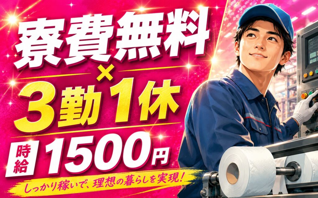 集合寮×時給1500円×3勤1休！トイレットペーパー等の機械オペレーター／月収25万円可・愛媛四国中央・男性