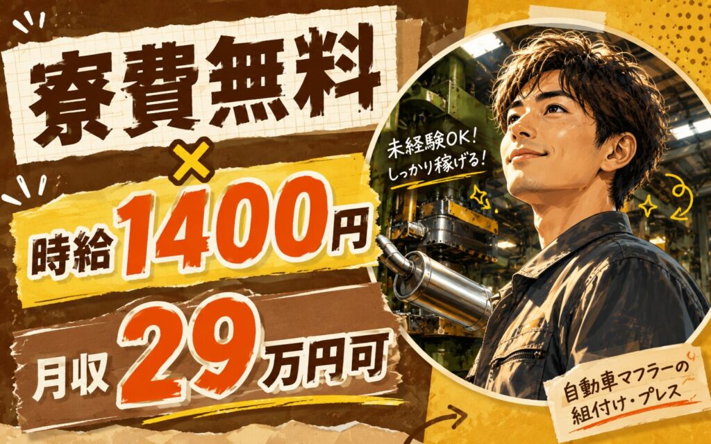 個室寮無料×時給1400円×2交替！自動車マフラーの組付け・プレス／月収29万円可・福岡豊前・男性活躍