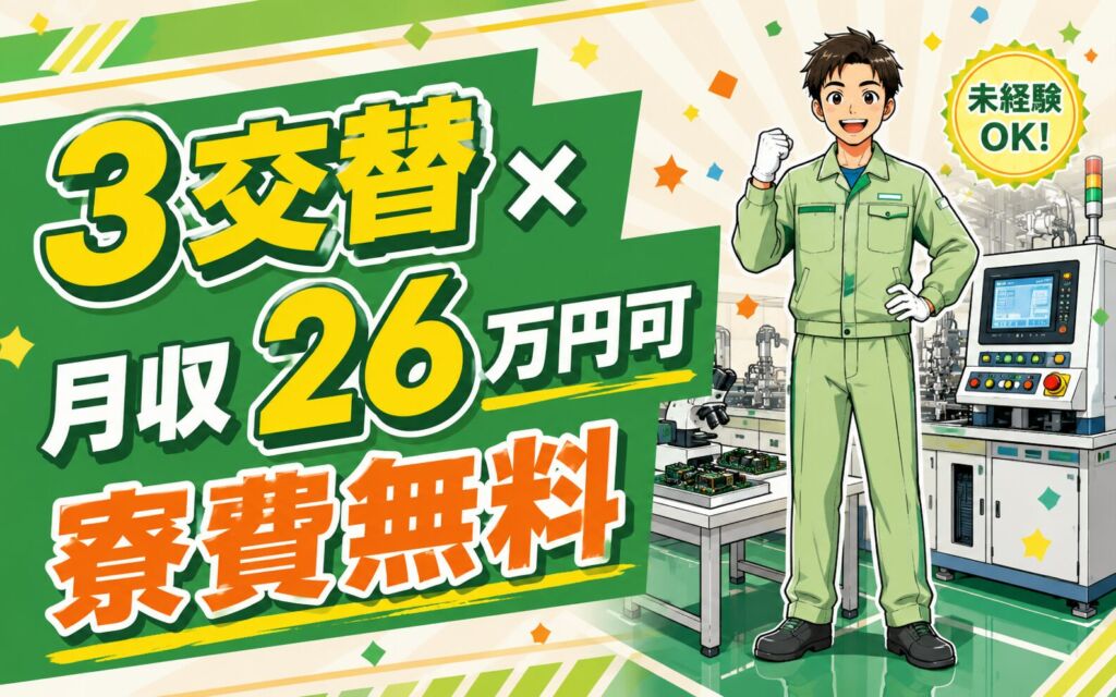 3交替×月収26万円可×寮費無料！精密機器の製造・検査・マシンOP／福岡直方・男性活躍