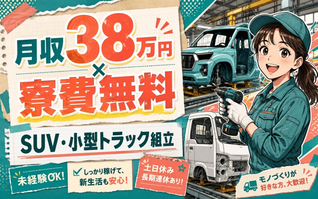 SUV・小型トラックの車体組立スタッフ／月収38万円可・寮費無料