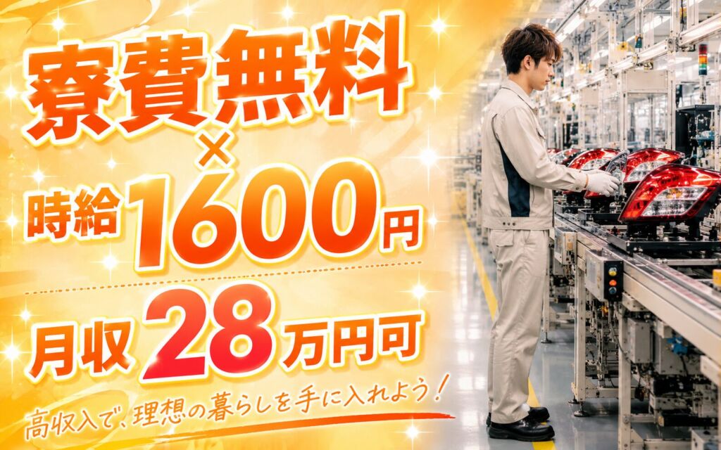 個室寮無料×時給1600円×3班3交替！自動車リアランプ・ライトの製造／月収28万円可・広島東広島・男女活躍