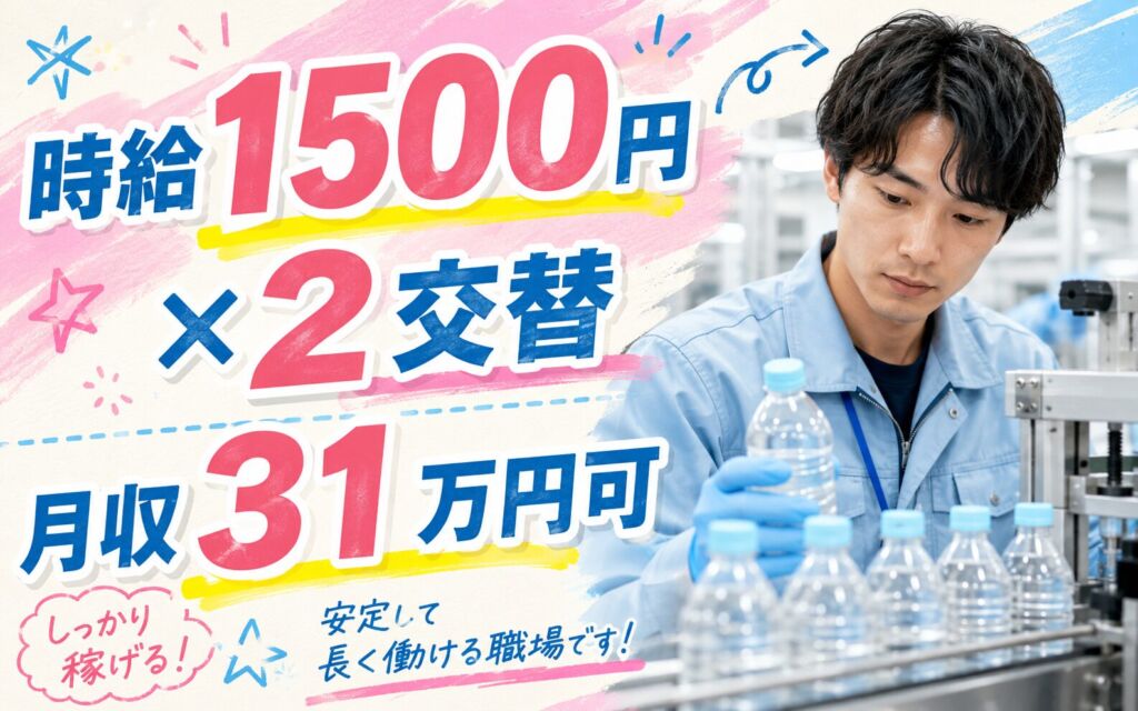時給1500円×2交替！清涼飲料水の製造・検査／月収31万円可・福岡糸島・男性活躍