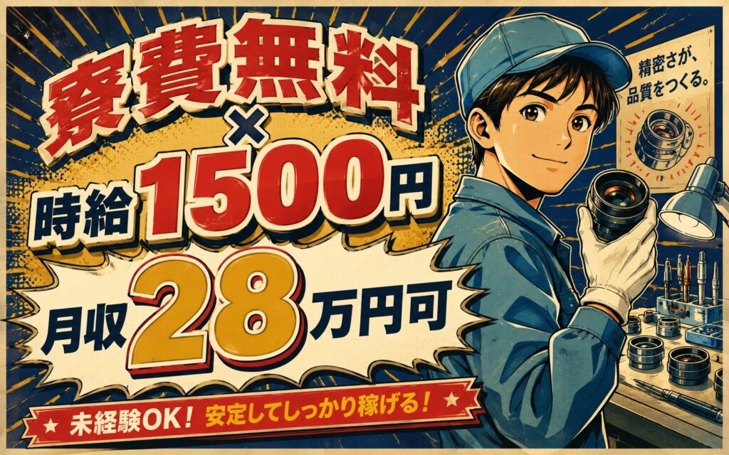 個室寮無料×送迎×時給1500円×3交替！カメラレンズの組立・組付け／月収28万円可・大分杵築・男女活躍