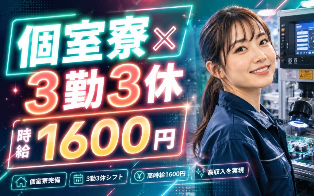 個室寮(寮費補助6割)×時給1600円×2交替3勤3休！電子部品マシンOP・検査／月収27万円可・群馬玉村