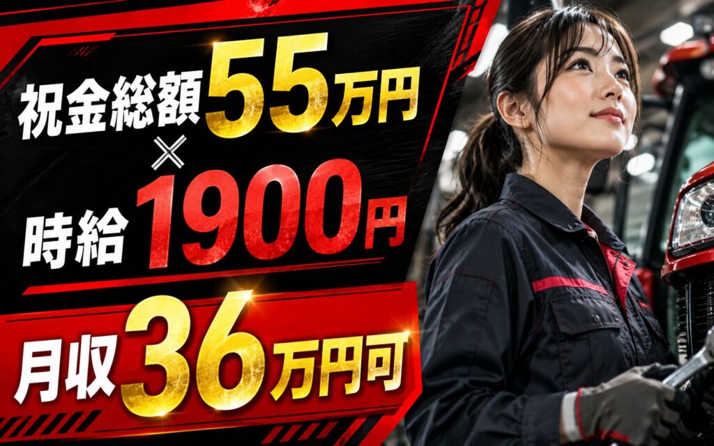 祝金総額55万円×寮費無料！トラクターの組立・検査・塗装／時給1900円・月収36万円可