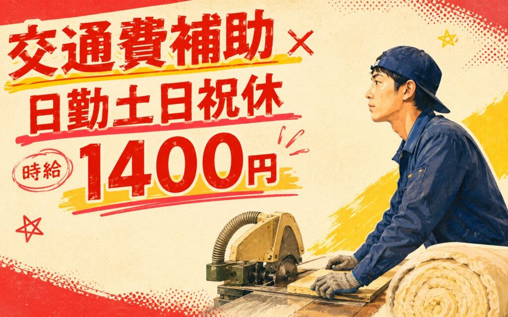 交通費補助あり×残業少なめ！住宅用断熱材のカット・袋詰め・木工／時給1400円・日勤土日祝休み