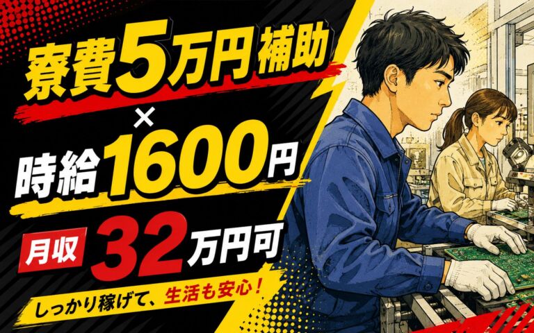 寮費5万円補助で実質無料！プリント配線板のセッティング・機械OP・検査／時給1600円・月収32万円可