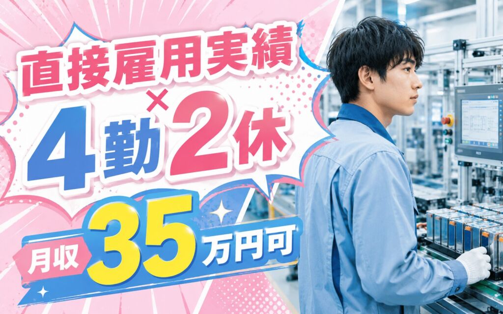 最短6か月で直接雇用実績！EVリチウムイオン電池の機械OPと部品供給／4勤2休・寮費無料・月収35万円可