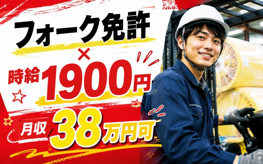 フォーク免許＋製造経験で時給1900円！グラスウール断熱材のラインOPと運搬／3交替・寮費無料・月収38万円可