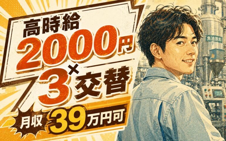 高時給2000円×寮費無料！サプリ原料の魚油製造・機械操作・原料投入／3交替・月収39万円可