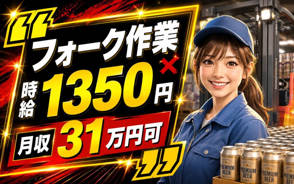 フォーク作業中心で重量物少なめ！大手製罐工場で缶ビール運搬／時給1350円・月収31万円可・4勤1休シフト