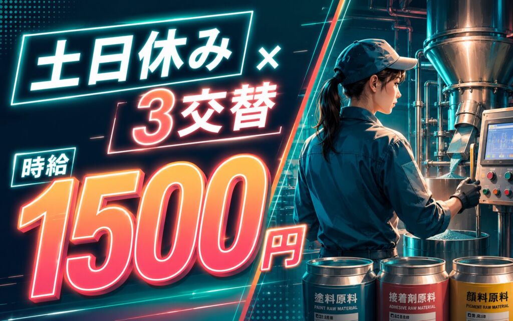 土日休みでメリハリ生活×3交替深夜手当！塗料・接着剤・顔料の原料投入と機械操作／時給1500円・月収26万円可