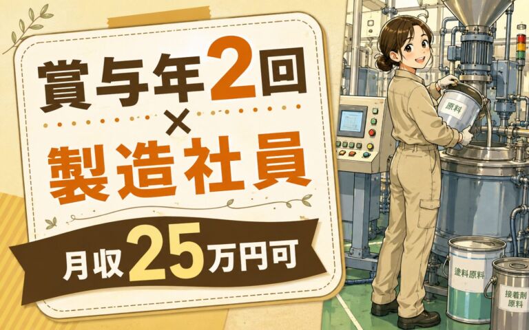 製造社員雇用で賞与年2回・昇給年1回！塗料・接着剤の原料投入と機械操作／月給18万＋手当3万・月収25万円可