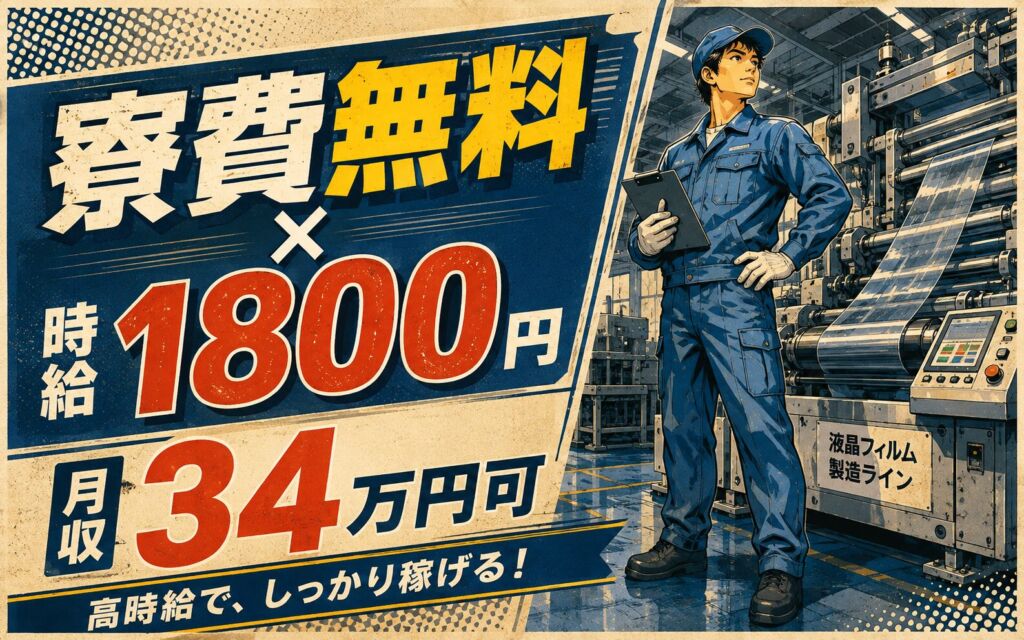 就業中ずっと寮費無料！液晶ディスプレイ用フィルム製造の機械管理・品質検査／時給1800円・月収34万円可