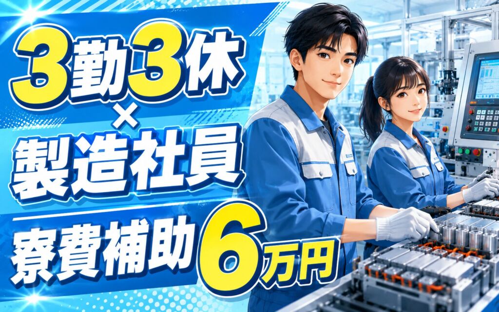 3勤3休×製造社員で安定雇用！EVバッテリーの製造・機械OP／月給18万＋生産手当4万・寮費補助6万