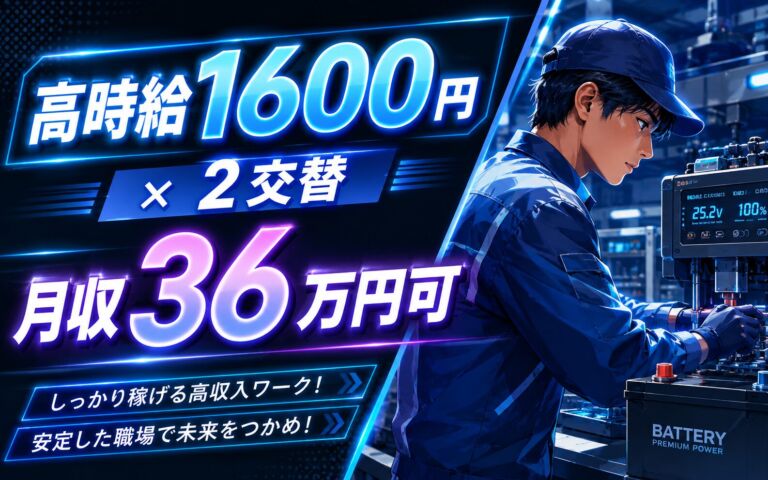 高時給1600円×寮費補助月4万円！自動車用バッテリーの極板・組立・充電・梱包／2交替・月収36万円可