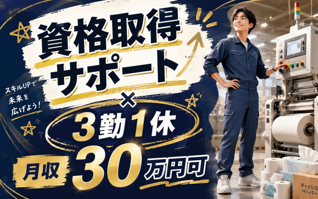 リフト・玉掛け・クレーン資格取得サポート！ティッシュ・トイレットペーパーの機械OP／3勤1休・月収30万円可