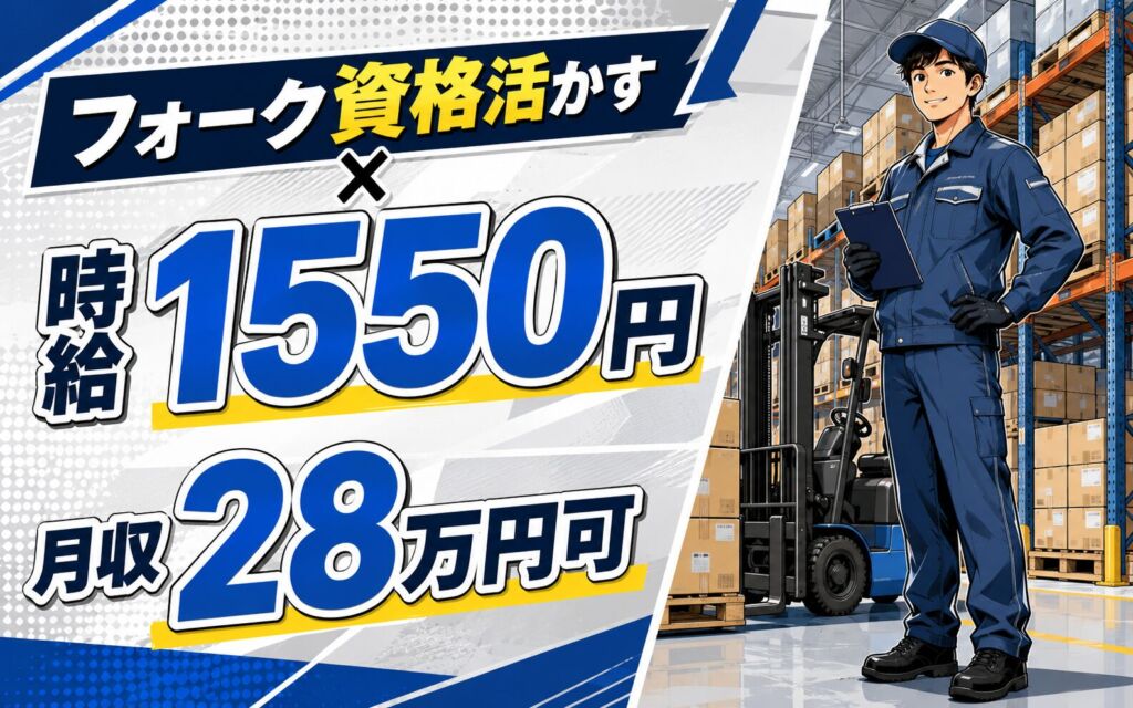 フォーク資格を活かして物流デビュー！リフト運搬・積み荷整理・順建・検査／時給1550円・月収28万円可
