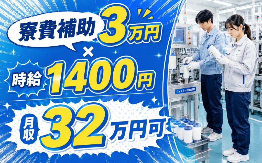 寮費補助3万円×クリーンルーム勤務！浄水器のフィルター組立・検査装置OP／時給1400円・月収32万円可