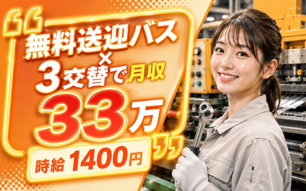 無料送迎バス×3交替で月収33万！金属板の塗装印刷の機械OP・型変え／時給1400円