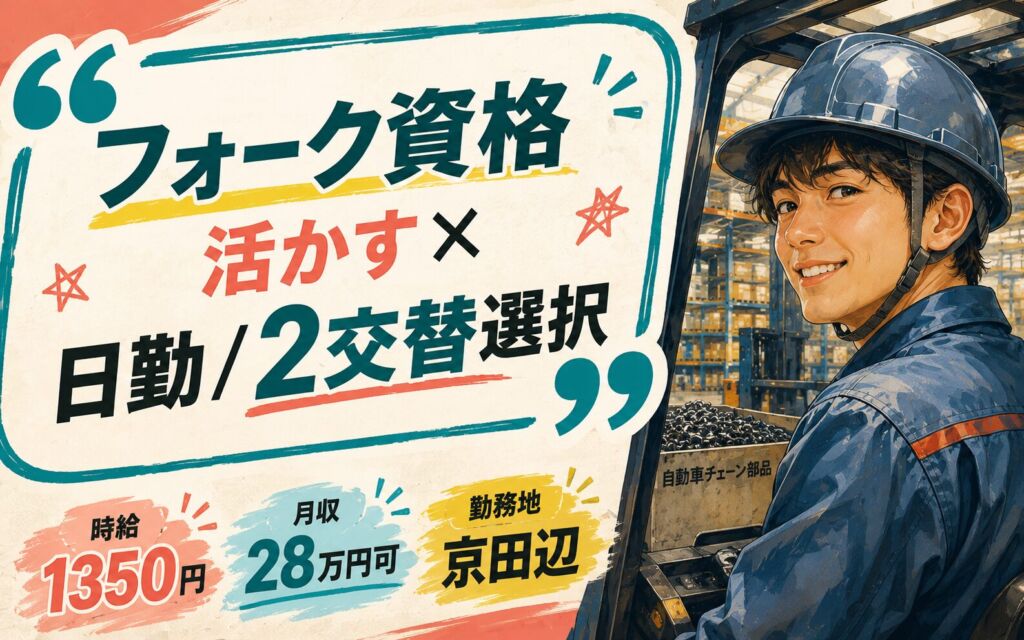 フォーク資格活かす×日勤/2交替選択！自動車チェーン部品のリフト運搬／時給1350円・月収28万円可・京田辺