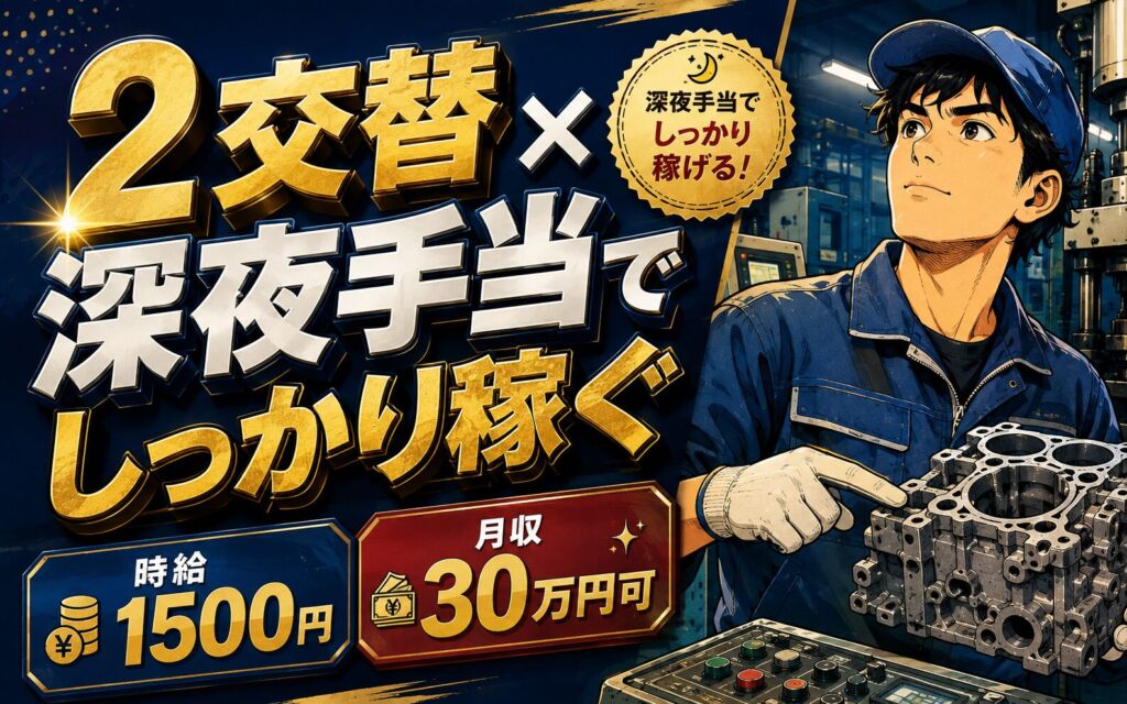 2交替×深夜手当でしっかり稼ぐ！農業機械エンジンケースの鋳物バリ取り・機械OP／時給1500円・月収30万円可