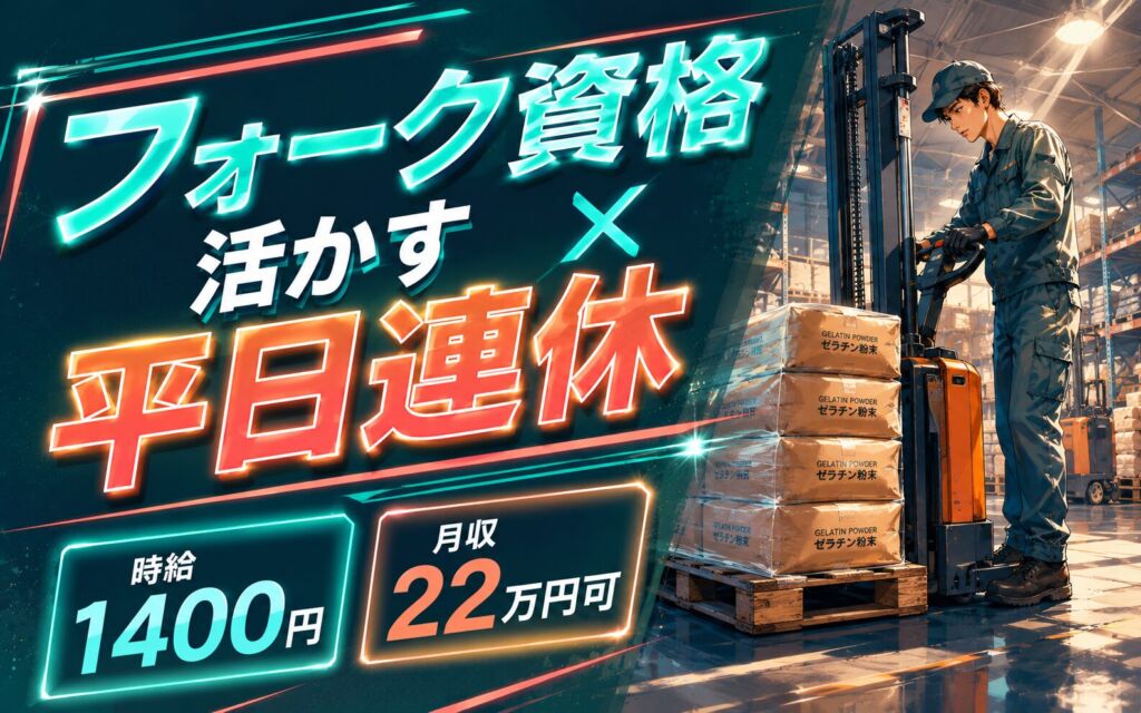 フォーク資格活かす×平日連休！ゼラチン粉末の梱包・パレット積み／時給1400円・月収22万円可