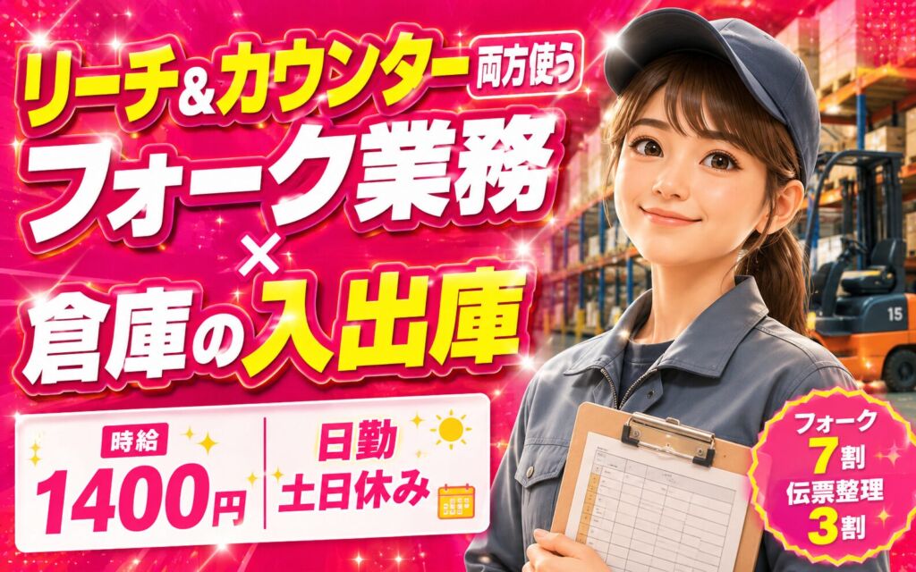 リーチ&カウンター両方使うフォーク業務×倉庫の入出庫！フォーク7割+伝票整理3割／時給1400円・日勤土日休み