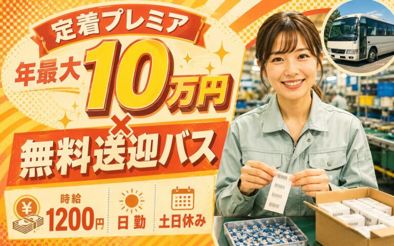 定着プレミア年最大10万円×無料送迎バス！セラミックコンデンサのラベル貼り・箱詰め／時給1200円・日勤土日