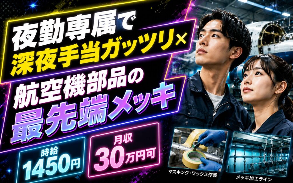 夜勤専属で深夜手当ガッツリ×航空機部品の最先端メッキ！マスキング・ワックス作業／時給1450円・月収30万円可