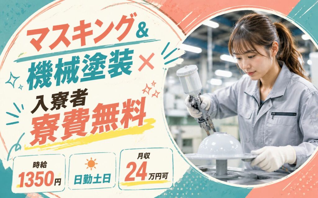 マスキング&機械塗装×入寮者寮費無料！照明器具の塗装・目視検査／時給1350円・日勤土日・月収24万円可