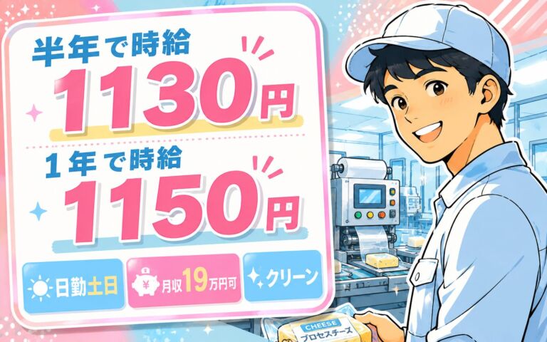 半年で時給1130円・1年で時給1150円！業務用チーズの包装・検品／日勤土日・月収19万円可・クリーン