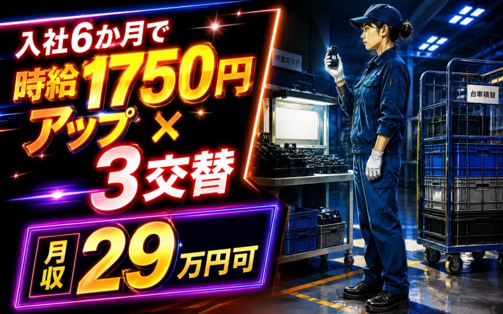 入社6か月で時給1750円アップ×3交替！プラスチック製品の検査・仕分け・台車積替／月収29万円可
