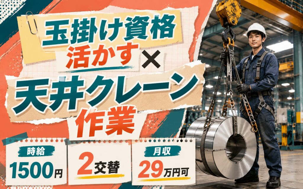玉掛け資格活かす×天井クレーン作業！EVバッテリー用アルミ鋼板のロール運搬／時給1500円・2交替・月収29万