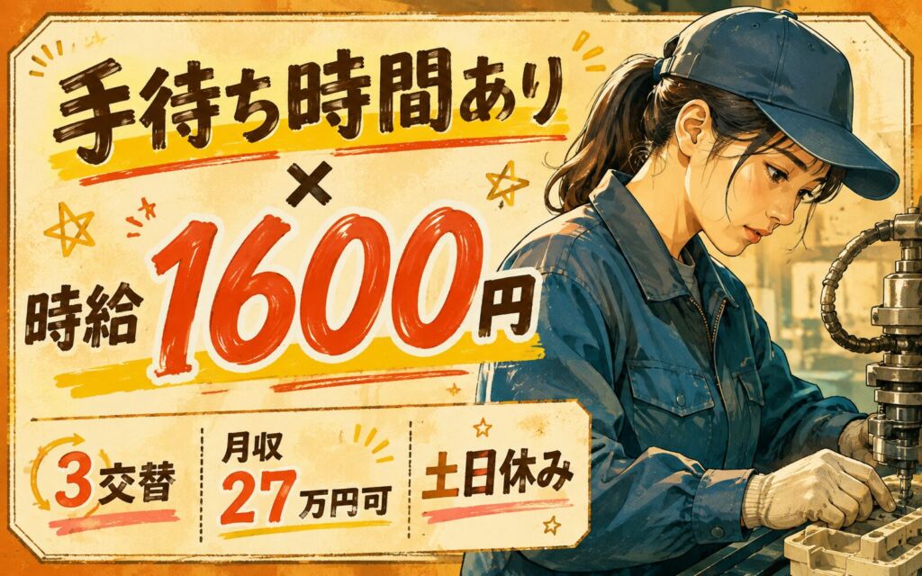 手待ち時間あり×時給1600円！樹脂製品の段階加工・機械OP（担当1台）／3交替・月収27万円可・土日休み