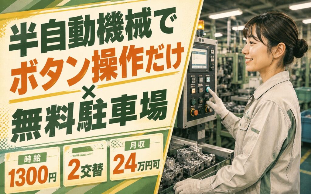 半自動機械でボタン操作だけ×無料駐車場！自動車部品の機械OP／時給1300円・2交替・月収24万円可