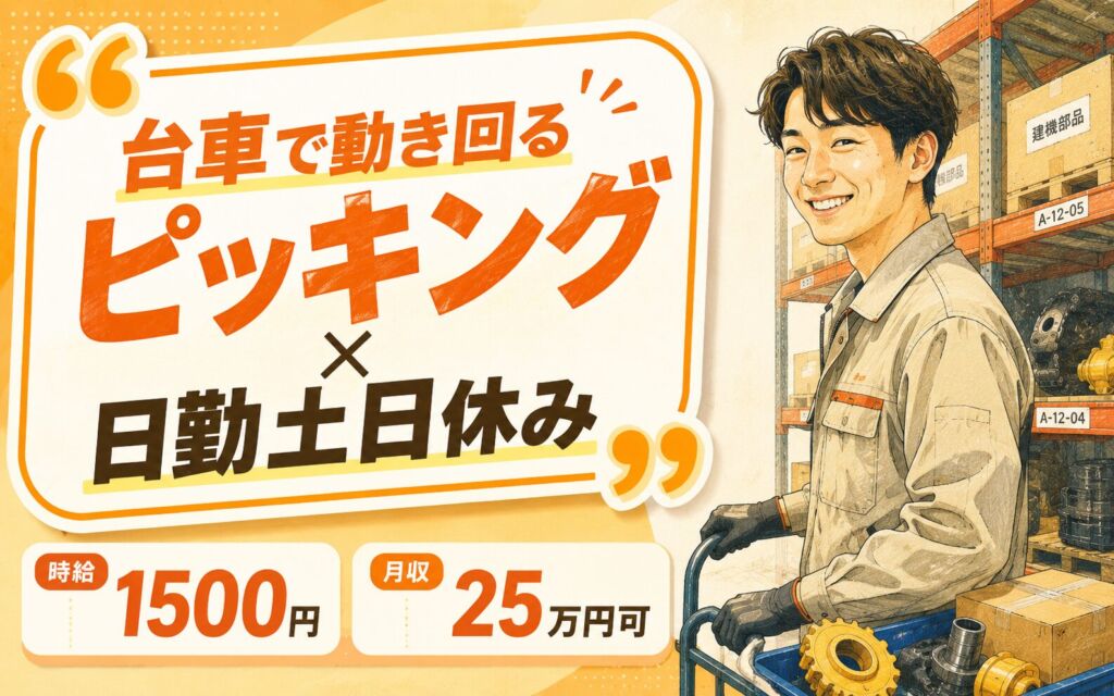 台車で動き回るピッキング×日勤土日休み！建設機械部品の棚出し・運搬／時給1500円・月収25万円可