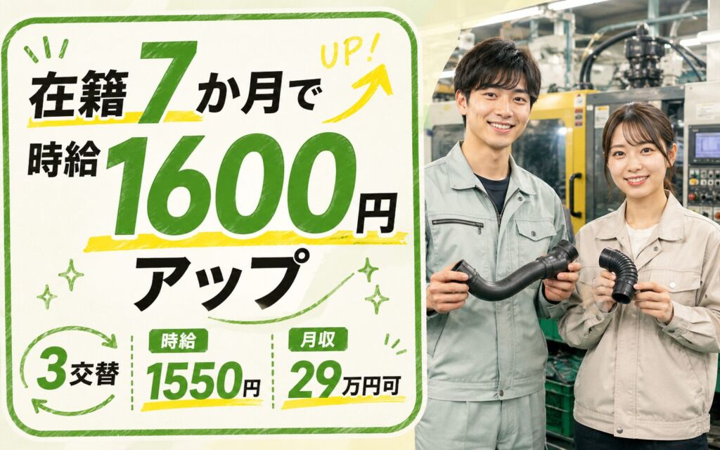 在籍7か月で時給1600円アップ！自動車ホース成形・射出成形機OP／3交替・時給1550円・月収29万円可